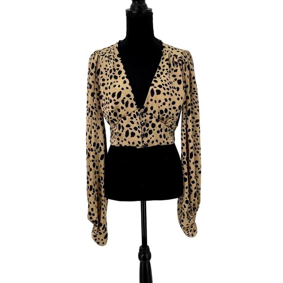 Windsor Cheetah Animal Print Crop Top Blouse S Puff Sleeve Elastic Wrist - Picture 1 of 12